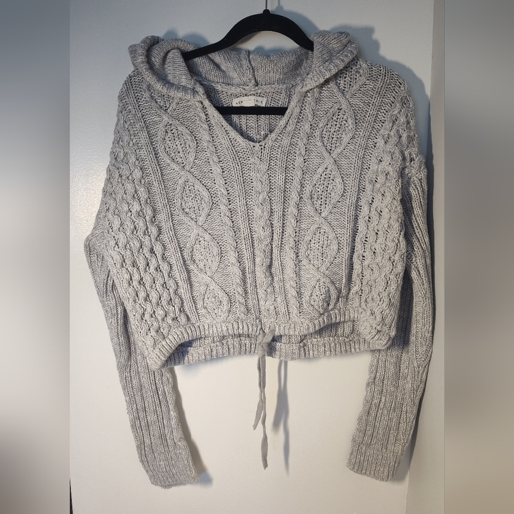 Aeropostale Gray Cable Knit Hooded Sweater Size Lg #511